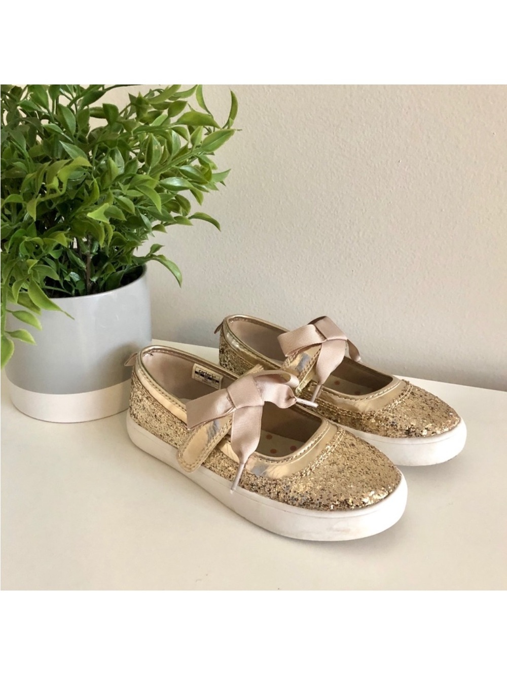 Carter's Girls' Gold Glitter Slip-On Sneakers with Satin Bow Accent